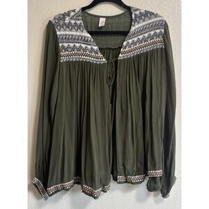JW Styles Embroidered Kimono Cardigan Tassel Tie Gauze Olive Green Tribal Size L